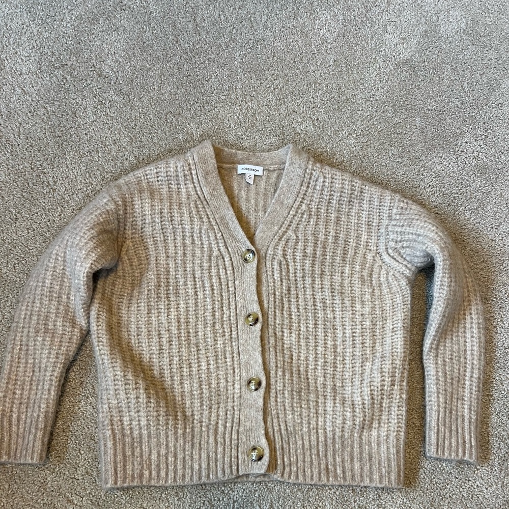 Nordstrom Oatmeal Textured Chunky Sweater Cardigan Size XS Alpaca Yak Wool
